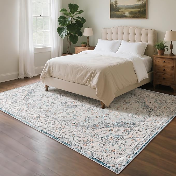 CRYPTOLITE 9x11 Area Rug for Living Room, Modern Washable Rug Non Slip Low Pile Large Area Rugs for Living Room, Bedroom, Farmhouse, Dining Room,Blue
