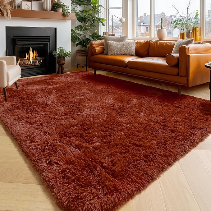 Amdrebio Terracotta Rust Large Area Rug 8x10 for Living Room Bedroom, Fluffy Fuzzy Shaggy Furry Rugs for Kids Room Decor Aesthetic, Big Cute Plush Shag Rustic Carpet for Classroom Playroom Nursery