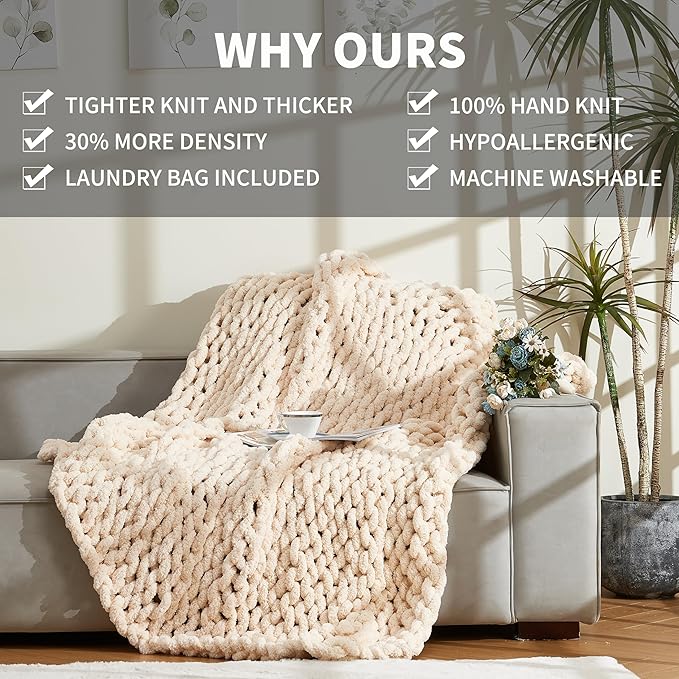 Chunky Knit Soft Throw Blanket - Cream - Chunky Chenille Cable Knitted Fluffy & Warm Chunky Throw Blanket with Woven Bag for Boho Home Decor, Handmade Large Knit Blanket for Bed & Couch 50" x 60"