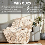 Chunky Knit Soft Throw Blanket - Cream - Chunky Chenille Cable Knitted Fluffy & Warm Chunky Throw Blanket with Woven Bag for Boho Home Decor, Handmade Large Knit Blanket for Bed & Couch 50" x 60"