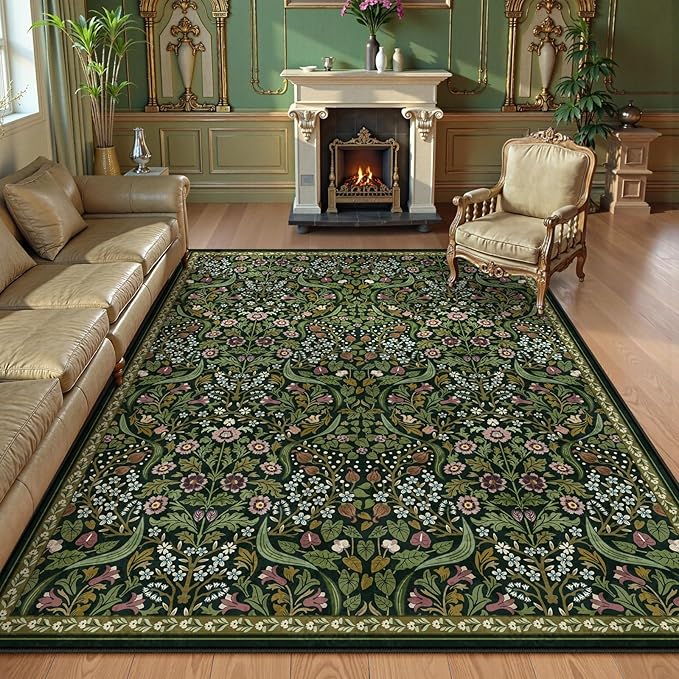 Lahome Claude Floral 8x10 Green Living Room Rugs, Large Washable Area Rug for Bedroom Rubber Backed, Botanical Thin Stain-Resistant Carpet for Dining Room Under Table, Kids Room, Nursery