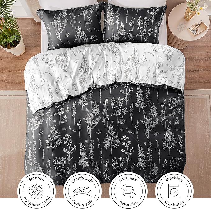 Love's cabin Black Queen Comforter Set - Queen Size Comforter Set, 3 Pieces Cute Floral Bedding Sets for All Seasons,1 Soft Reversible Botanical Flowers Comforter and 2 Pillow Shams
