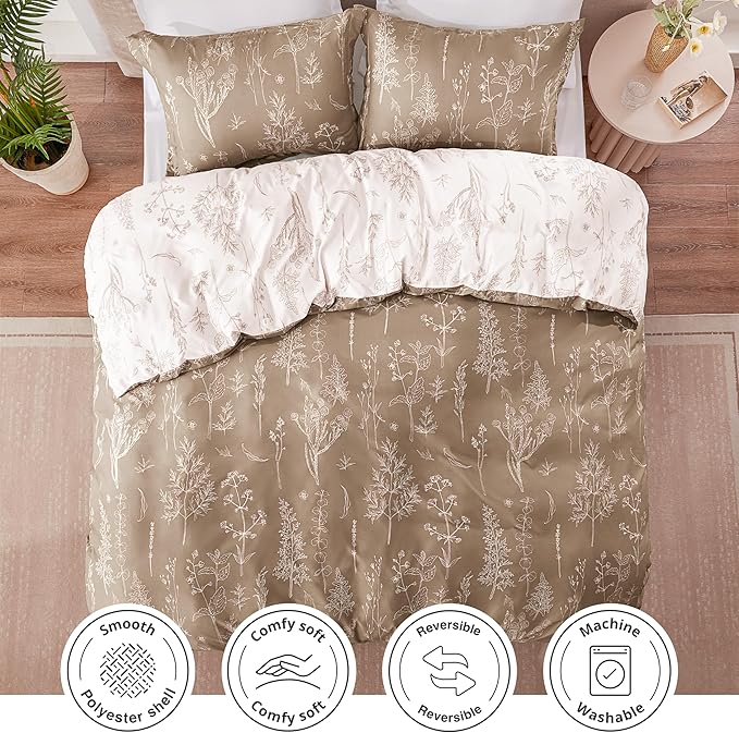 Love's cabin Light Taupe Comforter Set King - King Size Comforter Set, 3 Pieces Cute Floral Bedding Sets for All Seasons,1 Soft Reversible Botanical Flowers Comforter and 2 Pillow Shams