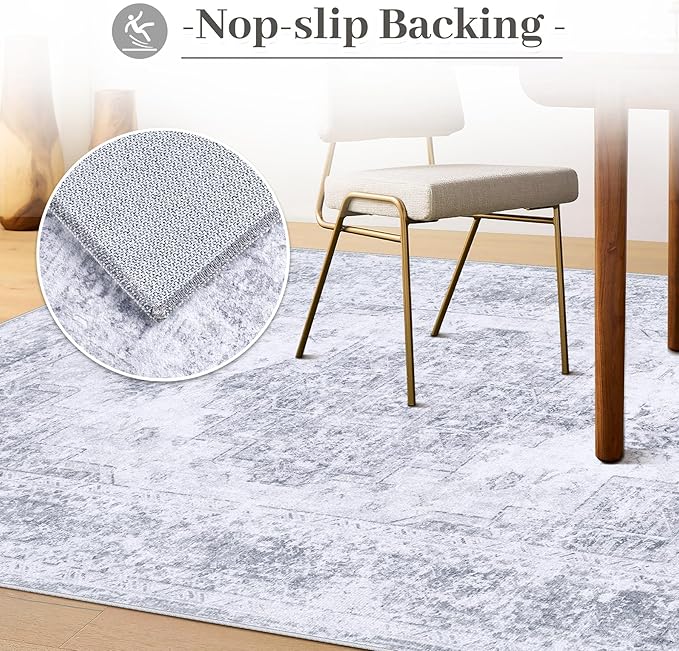 XLUEZ Area Rug 6x9 Living Room Rug, Machine Washable Vintage Distressed Medallion Rug Non-Slip Soft Low Pile Large Indoor Rugs for Bedroom Kitchen Dining Room Office(LightGrey,6'x9')