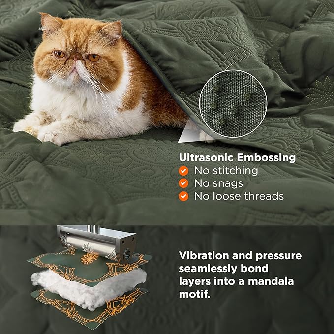 Bedsure King Quilt - Olive Green Bedspread King Size & Lightweight Comforter, Modern Coverlet with Mandala Pattern, Ultra Soft All-Season Bedding, 106 x 96 Inches | Stitch-Free Quilting, Ultra Soft, Lightweight, Machine Washable, Pet-Friendly