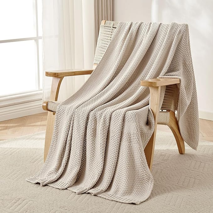 Joydeco Chunky Cable Knit Throw Blanket, Lightweight 100% Organic Cotton Soft Cozy Throw Twin Blanket for Couch Bed and Sofa, Rustic Breathable Farmhouse Blanket Gift for Women Men(Beige, 60"x80")