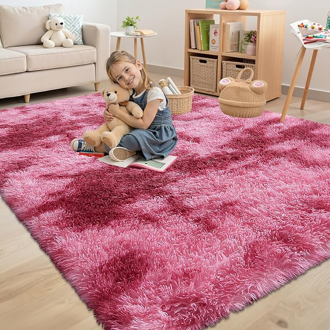 OLANLY Area Rugs for Living Room Bedroom, Machine Washable 4x5.9 Feet Soft Fluffy Shaggy Bedside Rug, Indoor Floor Carpet for Kids Girls and Boys, Nursery Room, Home Decor Aesthetic, Pink Tie-dye