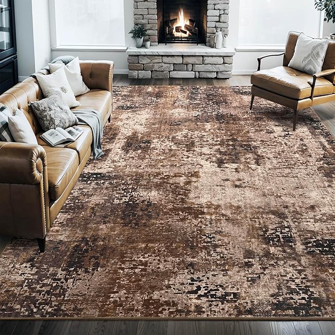 Area Rug 8x10 Washable Rugs Modern Abstract Area Rug Soft Non-Slip Non-Shedding Faux Wool Stain Resistant Floor Carpets for Living Room Bedroom Dining Room Kids Room Home Office (Brown)
