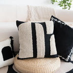 Black Cream Boho Chunky Tufted Pillow Cover, Neutral Decorative Square Throw Pillow Case, Geometric Woven Modern Sham for Bed Couch Living Room, 18x18 inches, 1PCS