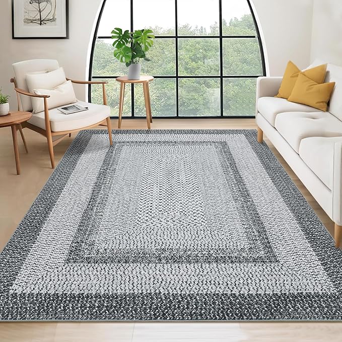 RUGSREAL 3x5 Area Rug, Washable Rug for Bedroom Braided Printed Throw Mat, Living Room Area Rug Non Slip Stain Resistant Small Dining Room Rug, Rustic Accent Small Carpet for Entryway Home Decor, Grey