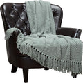 Chanasya Premium Textured Knit Throw Blanket with Tassels - Soft, Cozy Blanket for Couch, Bed, Living Room - 50" x 65” - Tan Sage