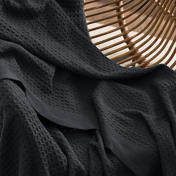 Bedsure Gentlesoft 100% Cotton Blanket Twin XL Size for College Dorm - Cooling Breathable and Soft for Spring Summer, Waffle Weave Twin Blanket for Bed, Dorm Room Essentials, Black, 66x90 inches