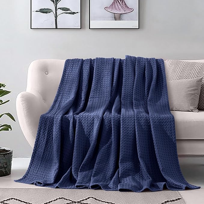 Elegant Comfort Premium 100% Cotton Waffle Blanket - Lightweight Breathable Waffle Weave Bed Blanket - Soft and Warm All Season Blanket for Couch, Sofa and Bed, Queen Size 90x90 Inches, Navy Blue