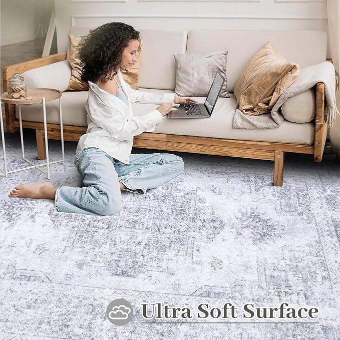XLUEZ Area Rug 8x10 Living Room Rug, Machine Washable Vintage Distressed Medallion Rug Non-Slip Soft Low Pile Large Indoor Rugs for Bedroom Kitchen Dining Room Office(LightGrey,8'x10')