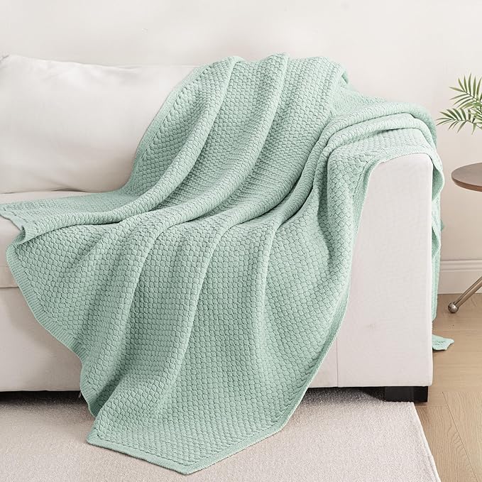 Whale Flotilla Chunky Knit Throw Blanket for Couch and Bed, Sage Green Decorative Cozy Fleece Blanket, Reversible Soft Fuzzy Woven Throws, 50x60 Inch