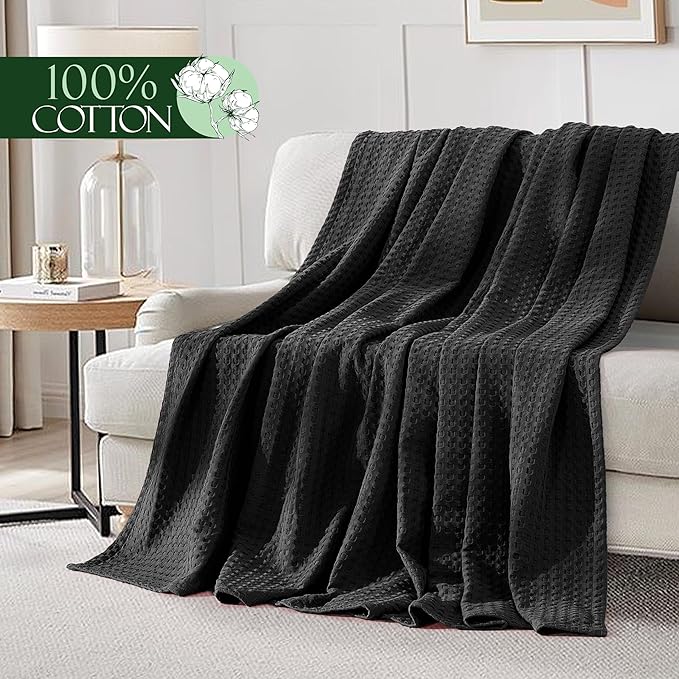 Elegant Comfort Premium 100% Cotton Waffle Blanket - Lightweight Breathable Waffle Weave Bed Blanket - Soft and Warm All Season Blanket for Couch, Sofa and Bed, Twin Size 68x88 Inches, Black