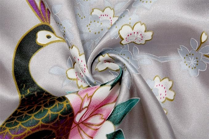 Valennia Women Long Silky Bathrobe Satin Kimono Robe Floral Printed Dressing Gown Sleepwear