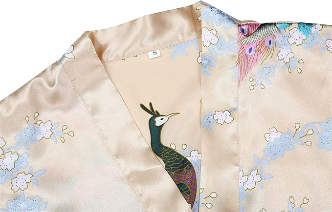 Valennia Women Long Silky Bathrobe Satin Kimono Robe Floral Printed Dressing Gown Sleepwear