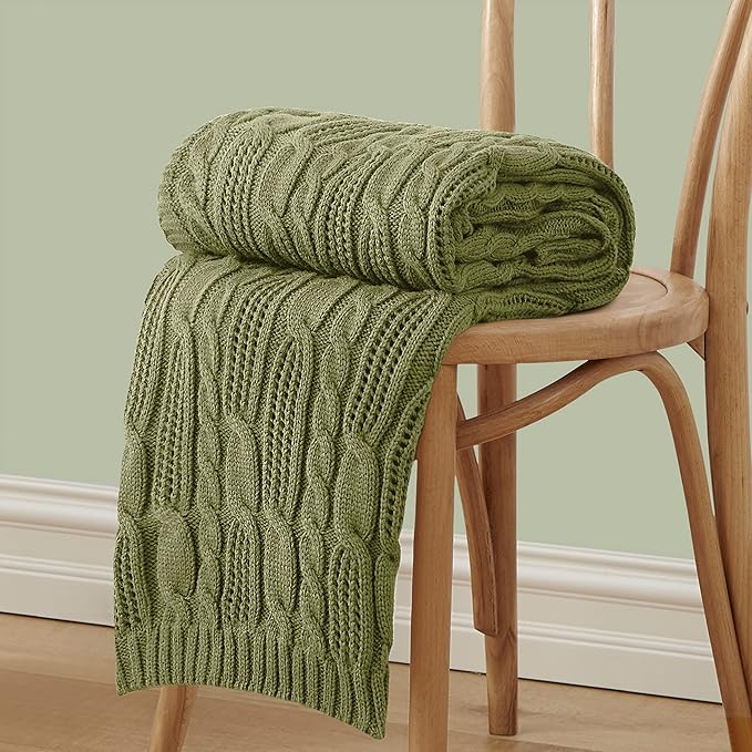 Aormenzy Cable Knit Throw Blankets 50 x 60 Inches, Soft Cozy and Lightweight Knitted Blanket, Machine Washable Acrylic Blanket, Decorative Throw Blanket for Couch Sofa Bed, Olive Green