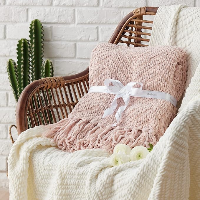 Bedsure Spring Throw Blankets for Couch - Textured Knit Woven Chenille Blanket - Super Soft, Warm Decorative Boho Throw with Tassels for Bed, Sofa and Living Room, Light Pink, 50x60 Inches