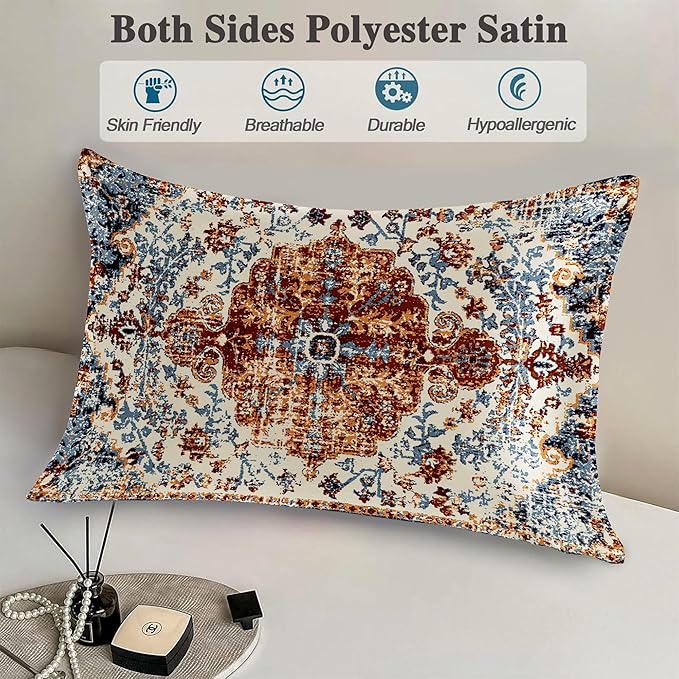 1 Pack Satin Pillowcase for Hair and Skin Vintage Boho Carpet Imitation Silk Pillowcase with Hidden Zipper Soft Breathable Smooth Cooling Pillow Cover King Size for Bedroom Sofa 20”x36”