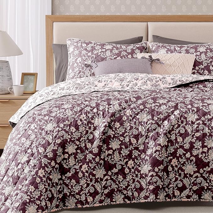 BLOOMHAVEN Quilt Set Twin Size, Italian Plum Floral Quilt Sets, Reversible Bedspread Lightweight and Breathable for All Seasons, Soft Quilted Bedspread with 1 Pillow Sham