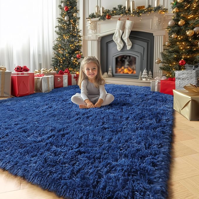 Amdrebio Navy Blue Area Rugs for Boys Bedroom, Fluffy Shag Furry Bedside Rug for Kids Room, Living Room Decor Aesthetic, Cute Throw Royal Dark Blue Carpet for Baby Nursery Office Dorm Playroom, 4x6
