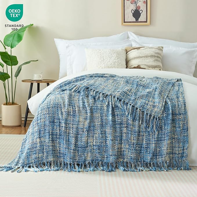 Multi-Color Light Blue Cable Woven Throw Blanket for Couch,60"X80" Boho Style Textured Blankets for Home Decor,Super Soft Warm Cozy Chunky Blanket with Decorative Tassels for Bed