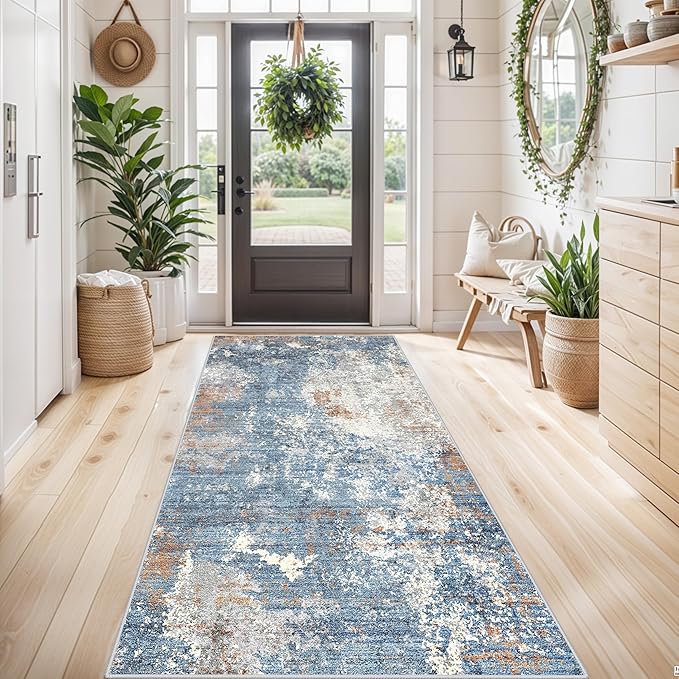 4x10 ft Extra Wide Hallway Rug – Non-Slip Washable Large Carpet Runner for Kitchen, Indoor Entryway, Modern Abstract Low-Pile Thin Floor Mat for Bedroom, Living Room, Dining Room (Blue Rust,4x10)