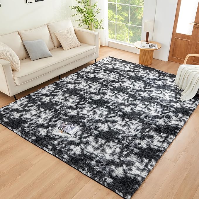 Litanika 8x10 Fluffy Shag Faux Fur Area Rug for Living Room Bedroom, Tie-Dyed Black White High Pile Soft Plush Shaggy Furry Bedside Playroom Dorm Carpet, Non-Slip, Non-Shedding Modern Indoor Floor Rug