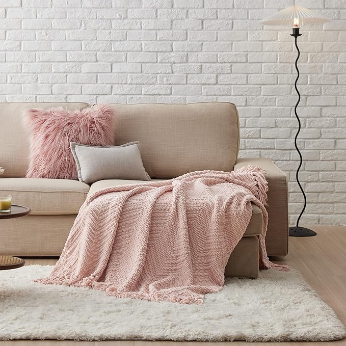 Bedsure Spring Throw Blankets for Couch - Textured Knit Woven Chenille Blanket - Super Soft, Warm Decorative Boho Throw with Tassels for Bed, Sofa and Living Room, Light Pink, 50x60 Inches