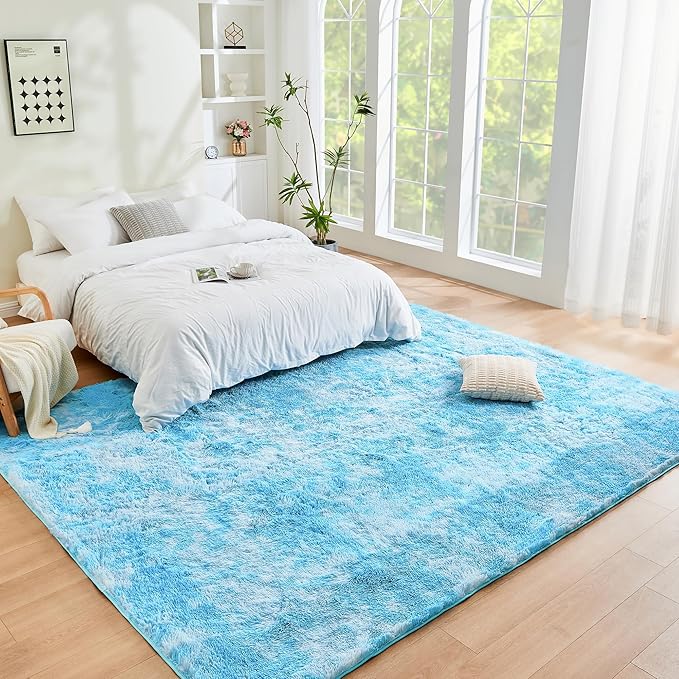 Litanika 6x9 Fluffy Shag Faux Fur Area Rug for Living Room Bedroom, Tie-Dyed Sky Blue High Pile Soft Plush Shaggy Furry Bedside Playroom Dorm Carpet, Non-Slip, Non-Shedding Modern Indoor Floor Rug