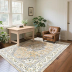 CRYPTOLITE Vintage Area Rug 5x7 Rugs, Machine Washable Rug Non-Slip Low Pile Rug for Living Room, Bedroom, Farmhouse, Dining Room, Beige