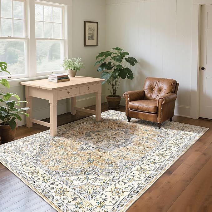 CRYPTOLITE Vintage Area Rug 5x7 Rugs, Machine Washable Rug Non-Slip Low Pile Rug for Living Room, Bedroom, Farmhouse, Dining Room, Beige