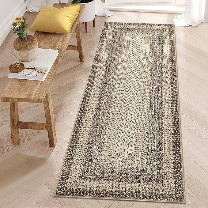 Runner Rug 2x8 Machine Washable Hallway Runner Rug Entryway Long Runner Carpet Braided Printed Throw Mat Non Slip Kitchen Mat Living Room Rustic Carpet for Bedroom Dining Room, Camel