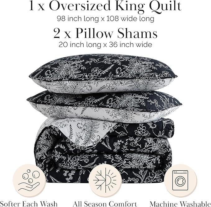 Southshore Fine Living, Inc. Black Floral Quilt King Size, All Season Bedding Set, Soft Coverlet, 3-Piece Lightweight Bedspread Set with Two Matching Quilted Pillow Shams, California/King Quilt Sets