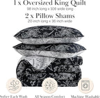 Southshore Fine Living, Inc. Black Floral Quilt King Size, All Season Bedding Set, Soft Coverlet, 3-Piece Lightweight Bedspread Set with Two Matching Quilted Pillow Shams, California/King Quilt Sets