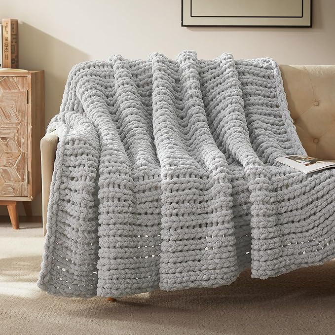 SLEEP ZONE Chunky Knit Throw Blanket for Couch, Throw Blankets for Bed - Hand Made Cozy Soft Large Rope Knot Heavy Blankets Home Decor (Grey, 40x50in)
