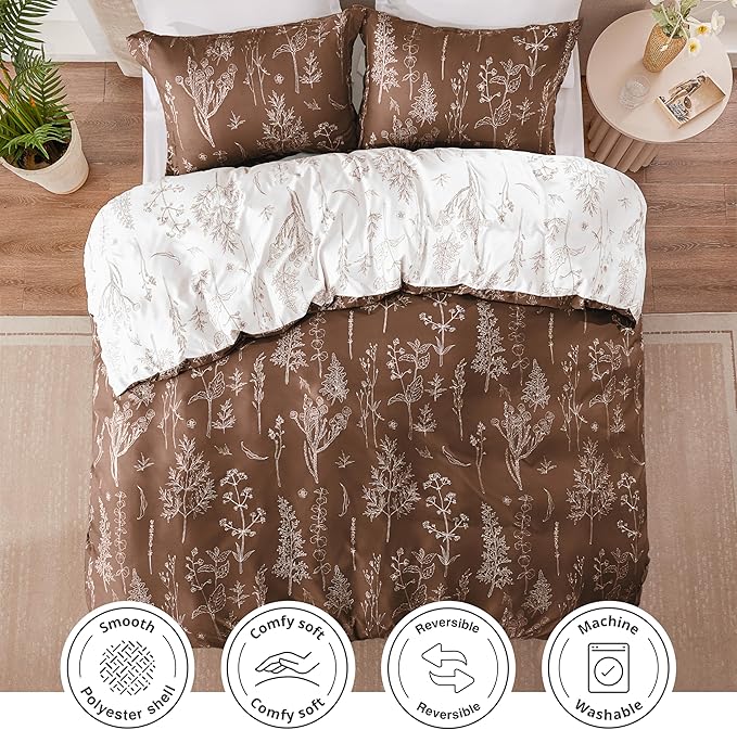 Love's cabin Chocolate Twin Comforter Set - Twin XL Size Comforter Set Dorm Bedding, 2 Pieces Cute Floral Bedding, Reversible Flowers Comforter, 1 Comforter & 1 Pillow Sham
