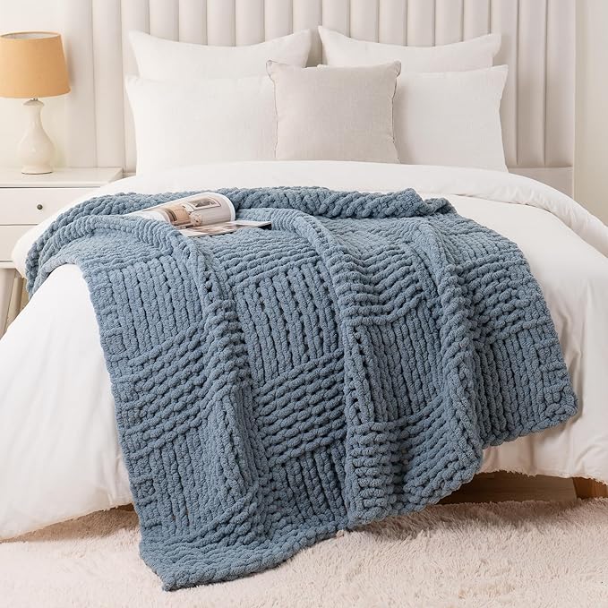 Bunnikins & Clover Dusty Blue Throw Blanket, Handmade Chenille Cable Chunky Knit Throw for Couch, Blue Grey Throw Blanket for Home Decor, 50"x60"