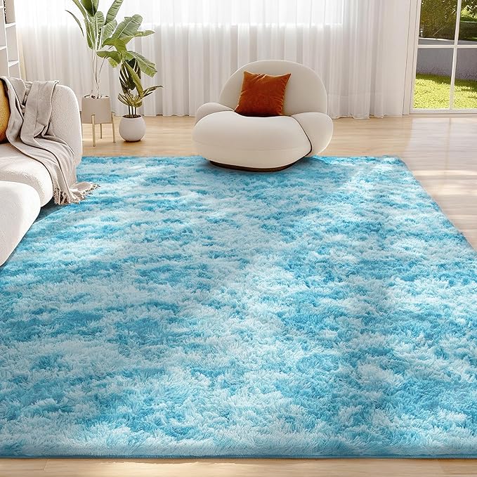 Litanika 3x5 Fluffy Shag Faux Fur Area Rug for Living Room Bedroom, Tie-Dyed Dreamy Blue High Pile Soft Plush Shaggy Furry Bedside Playroom Dorm Carpet, Non-Slip, Non-Shedding Modern Indoor Floor Rug