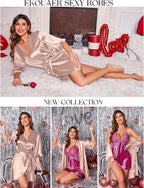 Ekouaer Women's Satin Robe Valentines Lingerie for Women Kimono Bathrobe Short Ruffle Belted Robes Bridesmaids Sleepwear