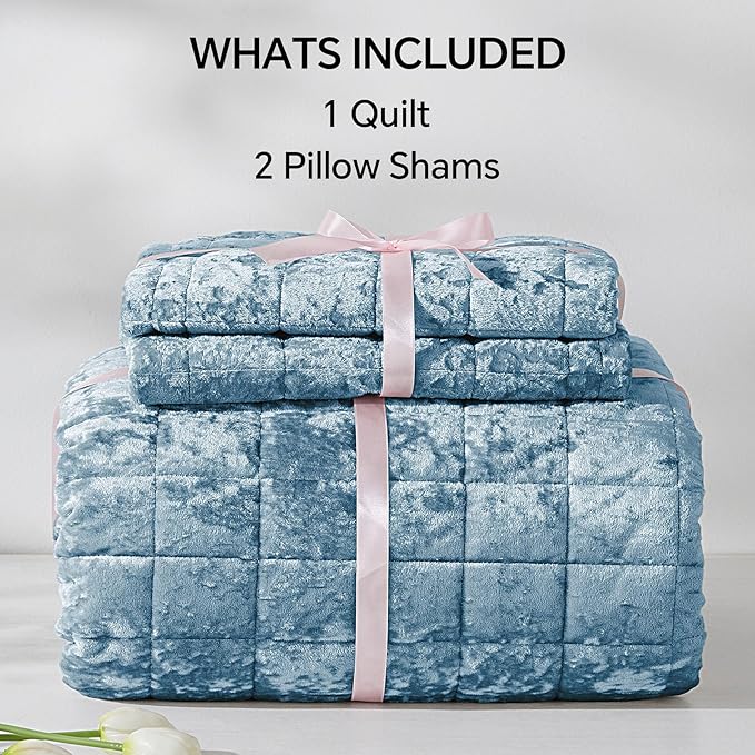 BEDELITE Velvet Quilt Set King Size - Luxury Velvet Comforter Bedding Set 3 Pieces, Lightweight Soft Cozy Shiny Dusty Blue Oversized Bedspread Coverlet for All Seasons with 2 Pillow Shams