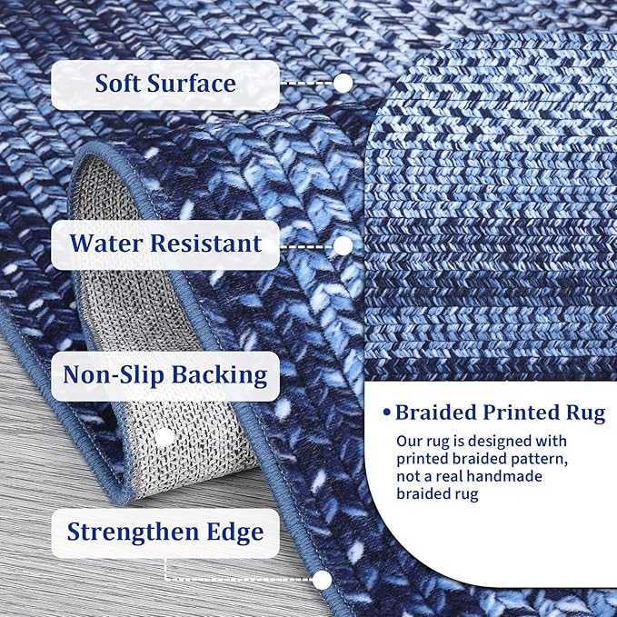 RUGSREAL Boho Rug 4x6 Bedroom Machine Washable Rug Braided Print Floor Cover Indoor Non Slip Throw Carpet Dining Room Small Carpet Farmhouse Rustic Accent Rug for Living Room Home Decor, Navy