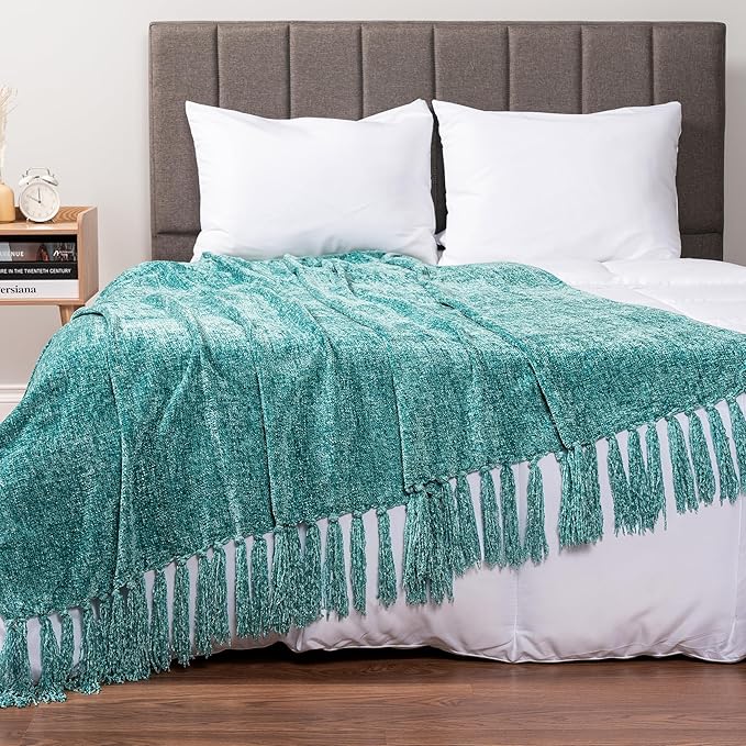PAVILIA Teal Chenille Throw Blanket for Couch Sofa, Soft Turquoise Throw with Tassel, Decorative Blanket for Bed Chair Living Room, Teal 50x60