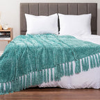 Pavilia Teal Green Throw Blanket for Couch, Twin Size Bed, Chenille, Soft Knit Woven Turquoise with Tassel, Decorative Textured for Living Room, 60x80