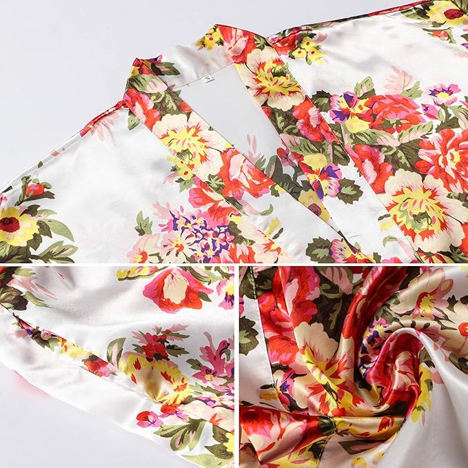 Women's Floral Satin Robes Bride Bridesmaid Getting Ready Robe Short Silky Kimono Sleepwear for Wedding Party