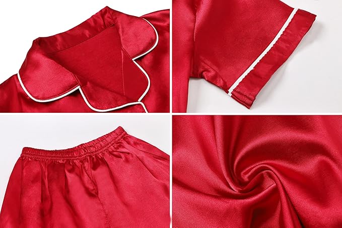 Umeyda Girls Womens Pajamas Set, Satin Silky Button Down Loungewear 2 Piece Short Sleeve Pants PJS Sets for Mommy Kids
