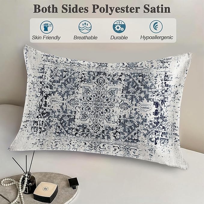Silk Like Pillowcase for Hair and Skin Retro Boho Blue Carpet 1 Pack Satin Pillowcase with Hidden Zipper Soft Breathable Smooth Cooling Pillow Cover Standard Size for Bedroom Sofa 20”x26”