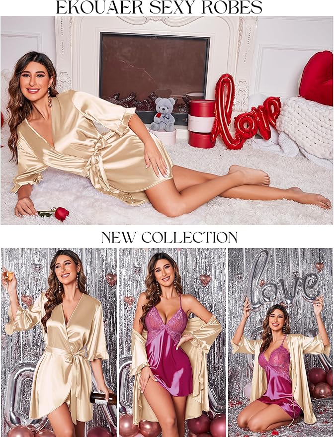 Ekouaer Women's Satin Robe Valentines Lingerie for Women Kimono Bathrobe Short Ruffle Belted Robes Bridesmaids Sleepwear